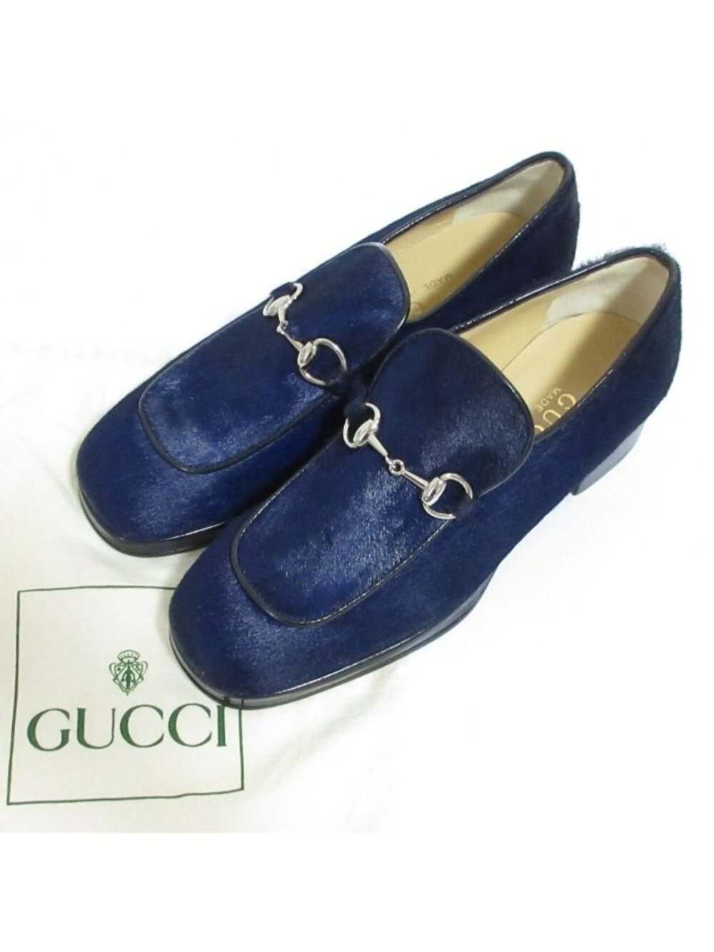 Gucci Era Horsebit Calf Hair Leather Loafers 5 Navy Pre Owned